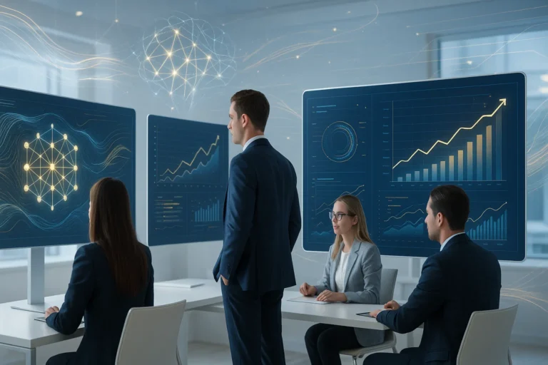 Professionals reviewing AI service promotion data dashboards with charts and growth analytics during SEO case study.