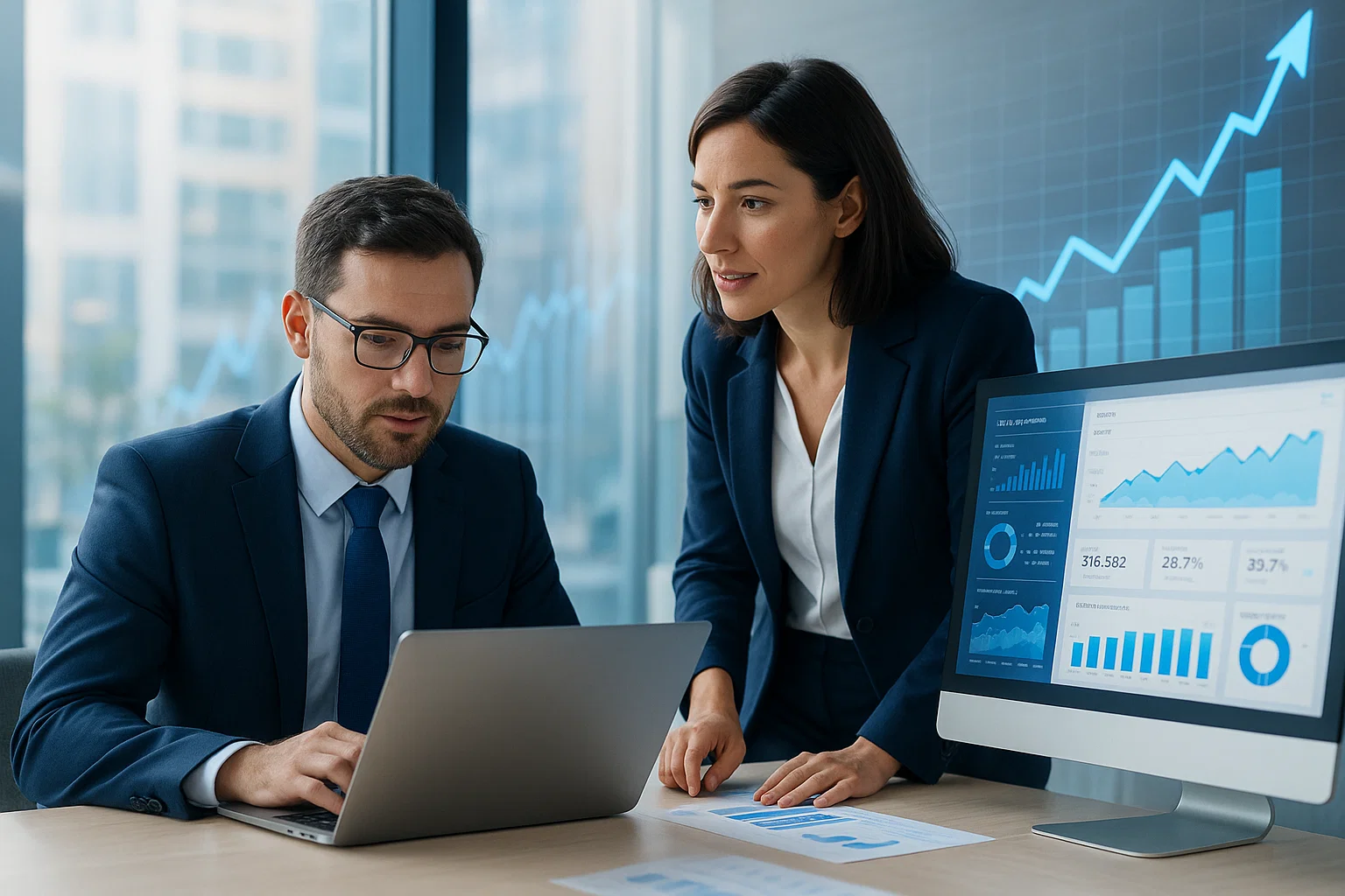 Marketing team analyzing forex broker SEO performance with charts and analytics on screen.