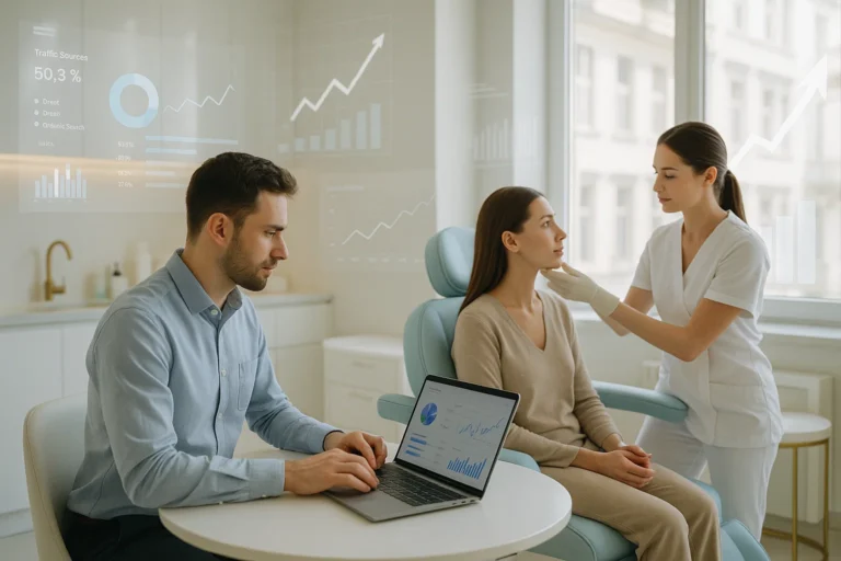 Marketing analyst reviewing SEO analytics while doctor examines patient in modern aesthetic clinic.