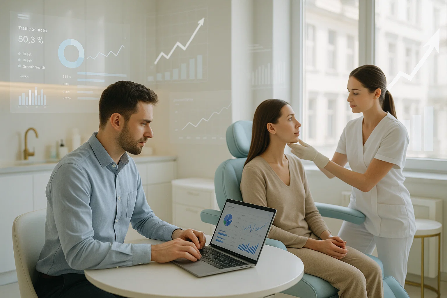 Marketing analyst reviewing SEO analytics while doctor examines patient in modern aesthetic clinic.